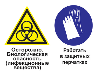 Кз 73 осторожно - биологическая опасность (инфекционные вещества). работать в защитных перчатках. (пленка, 600х400 мм) - Знаки безопасности - Комбинированные знаки безопасности - Магазин охраны труда и техники безопасности stroiplakat.ru